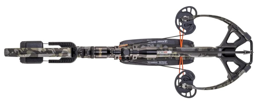 TenPoint Commander M1 crossbow in camo finish with scope, shown from above